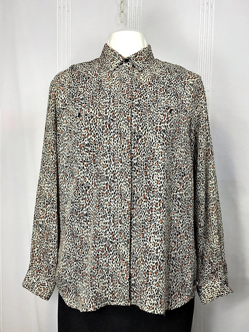Laura & Jayne Animal Print Crepe de Chine Long Sleeve Button Down Shirt Sz.16